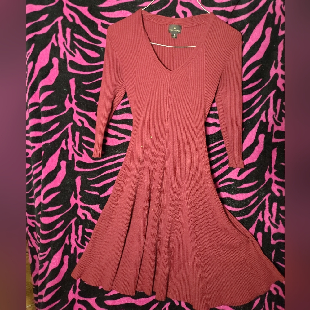 Worthington Red Fit and Flare V-Neck Long Sleeve Dress